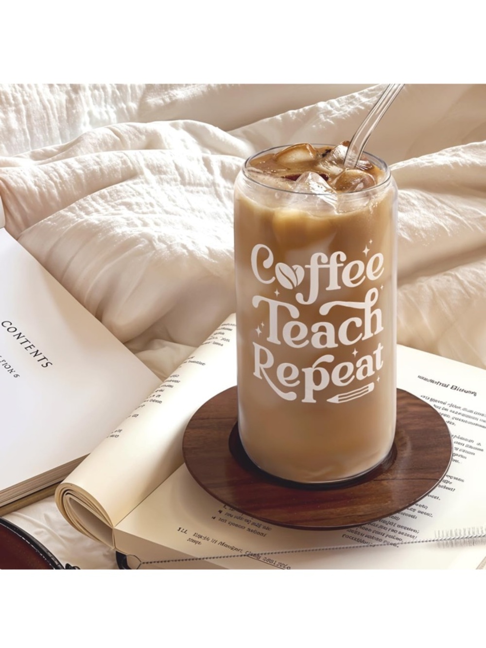 Teacher Glass Iced Tumbler with White "Coffee Teach Repeat" Print